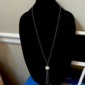 Long charcoal beaded pendant w/ white stone